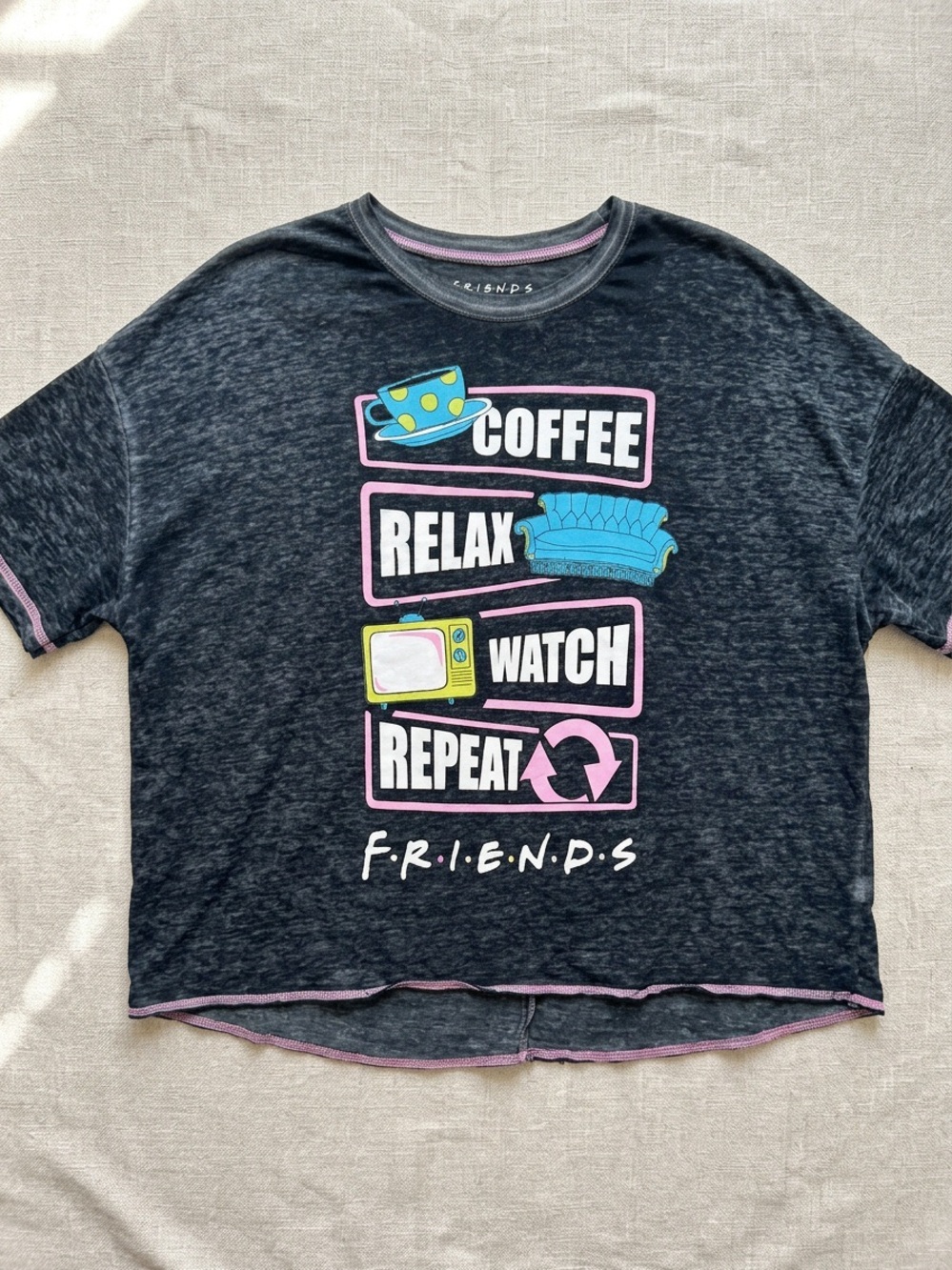 FRIENDS 2X Graphic Burnout Sleep / Lounge Shirt  with Pink Stitching
